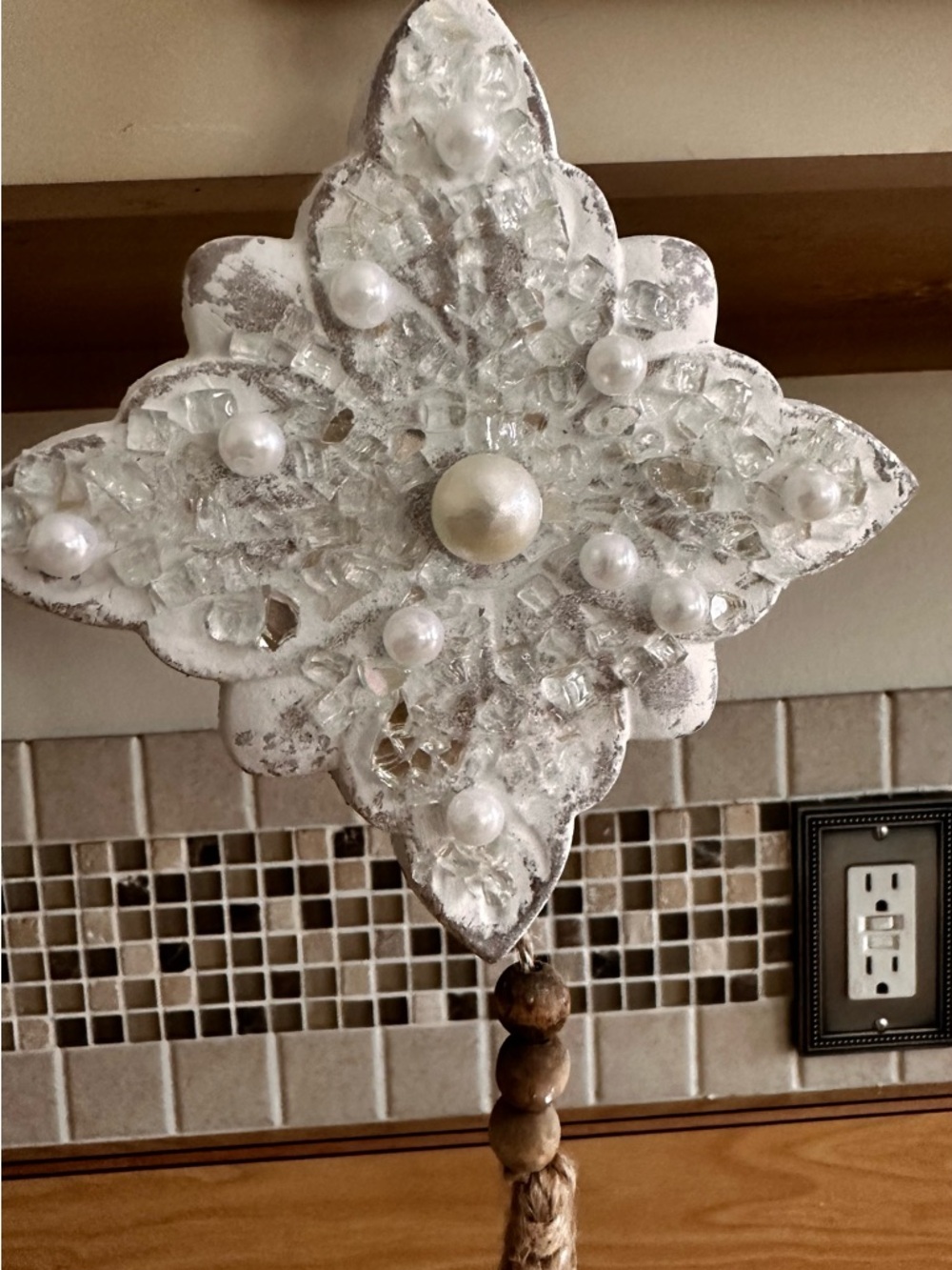 Hand crafted Beaded White Floral hanging Ornament with Tassel - Picture 10 of 11